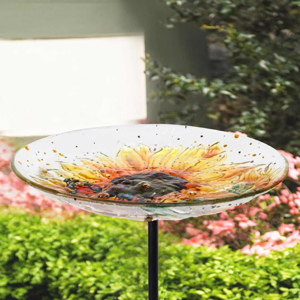 Bird Baths for Outdoors, Glass Birdbath Birdfeeder Bowl with Metal Stake for outside Garden Yard Lawn Sunflower Butterfly Decor
