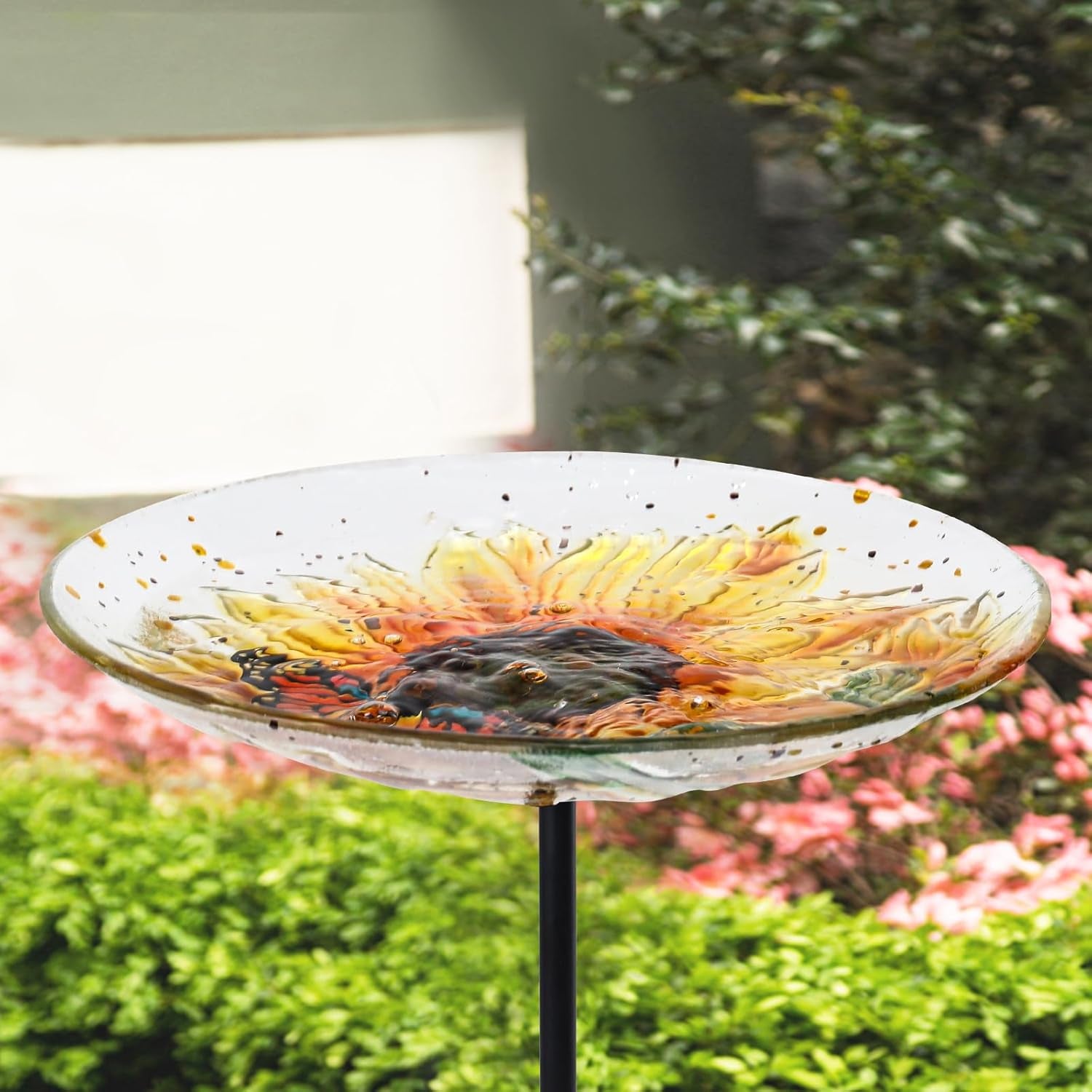 Bird Baths for Outdoors, Glass Birdbath Birdfeeder Bowl with Metal Stake for outside Garden Yard Lawn Sunflower Butterfly Decor