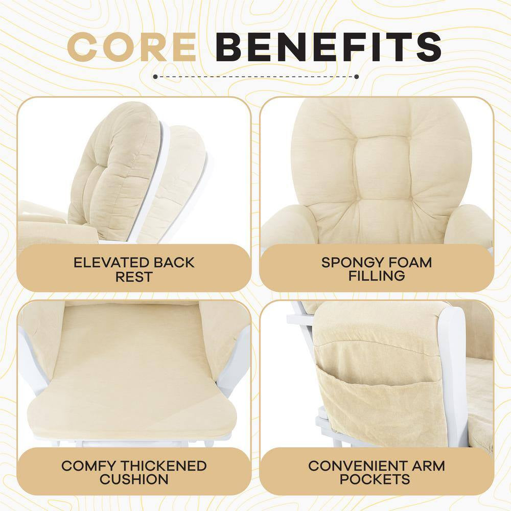 White/Cream Modern Glider Nursery Rocking Chair with Ottoman, Ideal for Breastfeeding and Reading