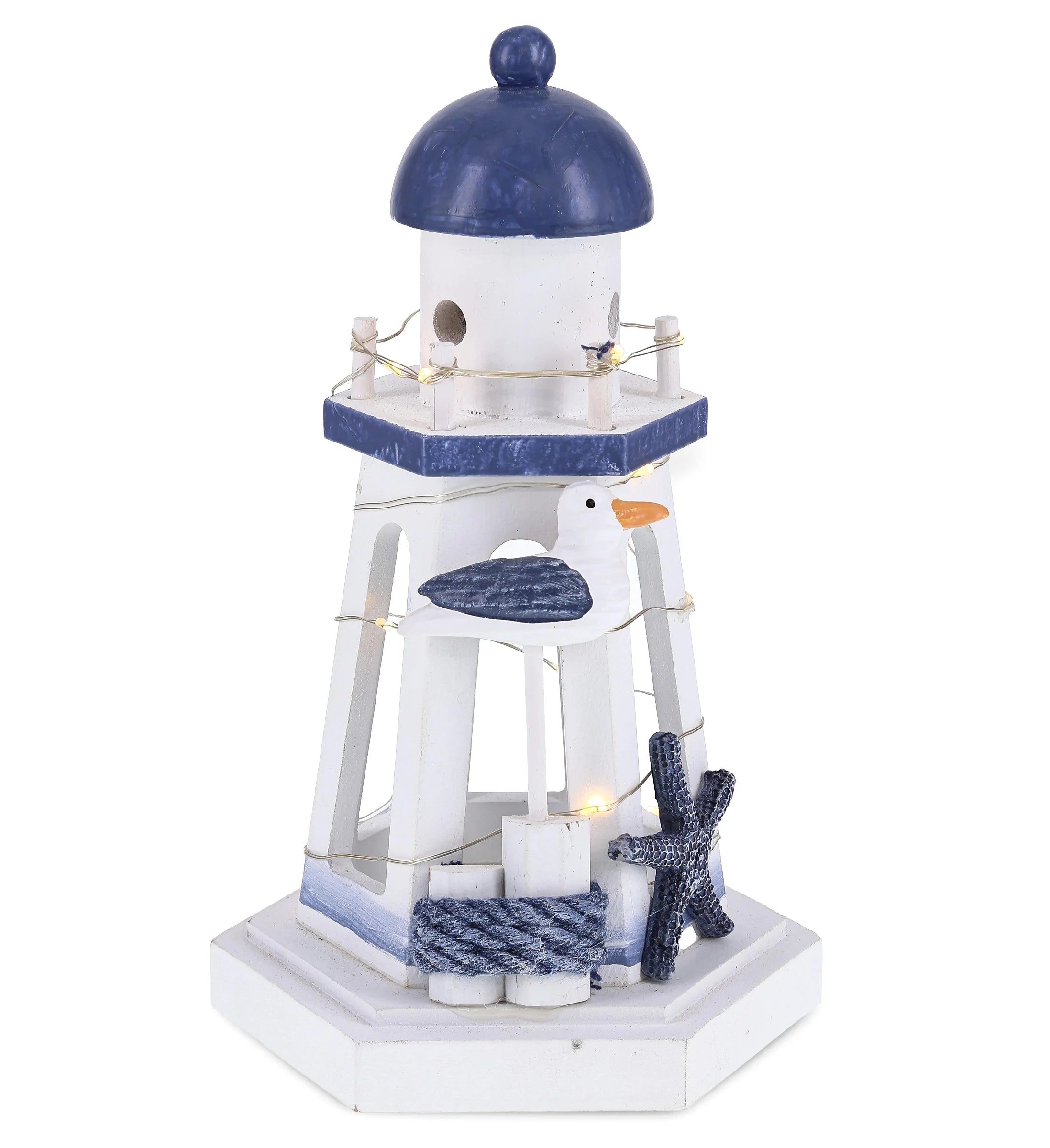 Ocean Blue Nautical Wooden Lantern Lighthouse with LED Lights - Table Top Centerpiece Coastal Decor for Home, Beach House, Rustic Decorative Lamp with Boat Anchor - Handmade Color May Vary