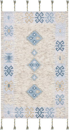 Saffron Collection 3' X 5' Beige/Blue SFN101B Handmade Moroccan Boho Tassel Wool Area Rug