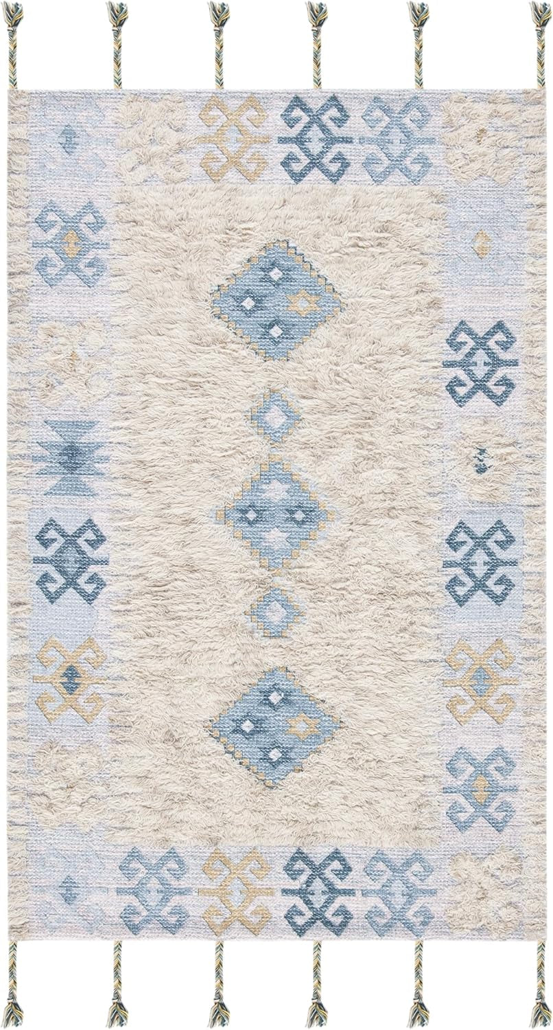 Saffron Collection 3' X 5' Beige/Blue SFN101B Handmade Moroccan Boho Tassel Wool Area Rug