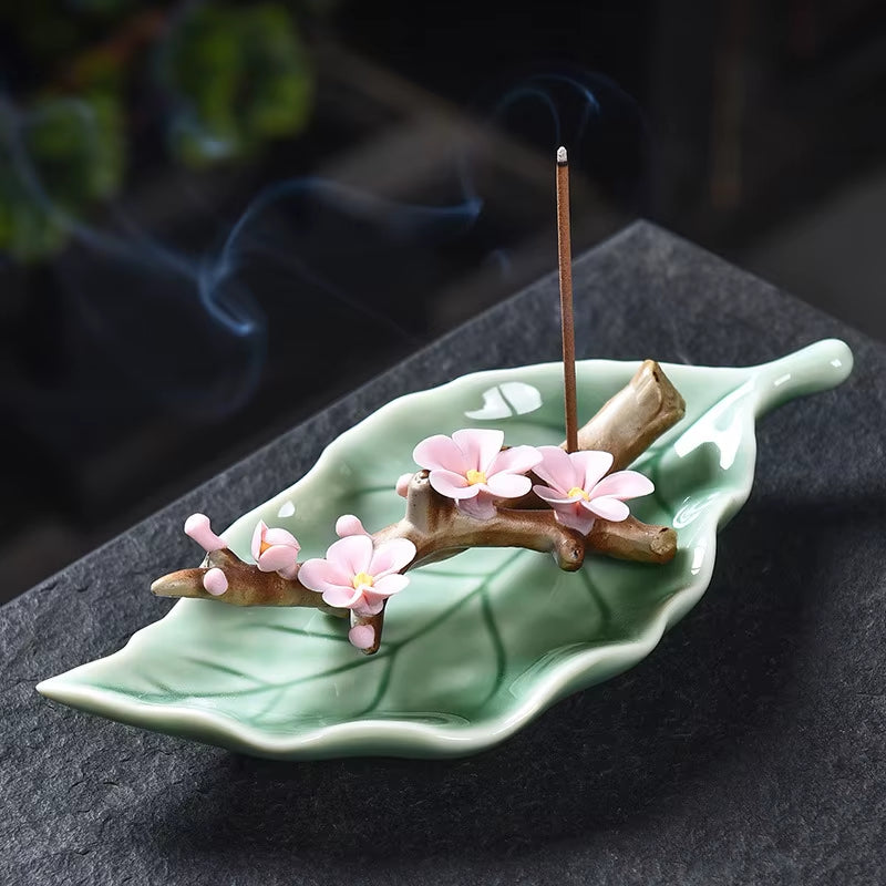 Handmade Creative Home Furnishings Ceramic Leaves Peach Blossoms Branches Incense Burner Incense Sticker Holder Incense Censer
