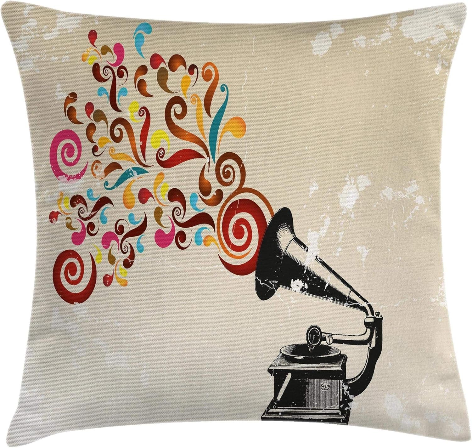 Music Throw Pillow Cushion Cover, Vintage Vinyl Record Player with Floral Abstract Notes Swirls Antique Gramophone Art, Decorative Square Accent Pillow Case, 16" X 16", Beige