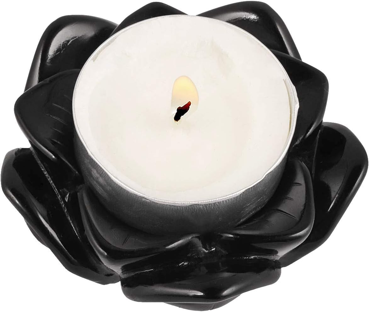 2.4" Healing Crystals Black Obsidian Lotus Flower Crystal Ball Stand, Tealight Holder Hand Carved Home Decor