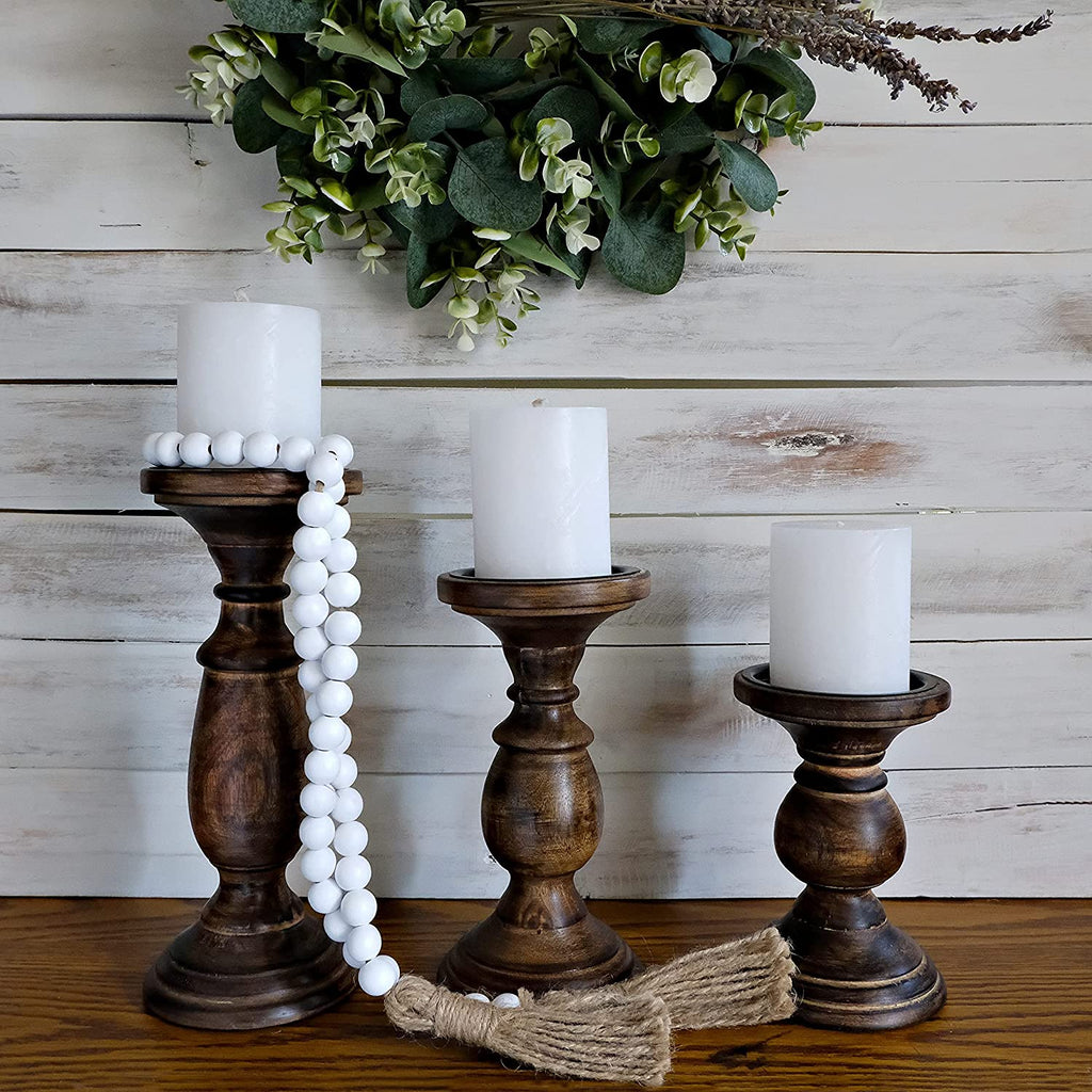 Tall Candle Holders for Pillar Candles, Rustic Candle Holders Table Centerpiece Accent, Pillar Candle Holder for Dining Table, Farmhouse Candle Holders, Wood Candle Holders for Mantel Black Dark Brown