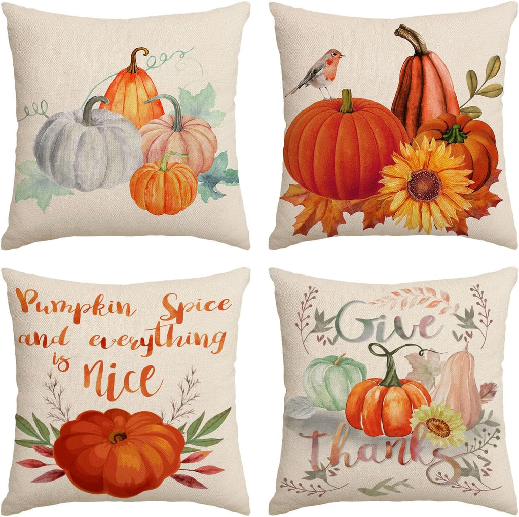 Fall Throw Pillow Covers 16X16 Set of 4 Thanksgiving Pumpkin Pillow Covers Autumn Leaves Pillow Cases Halloween Outdoor Sofa Couch Home Decorations Cushion Covers 16 Inch