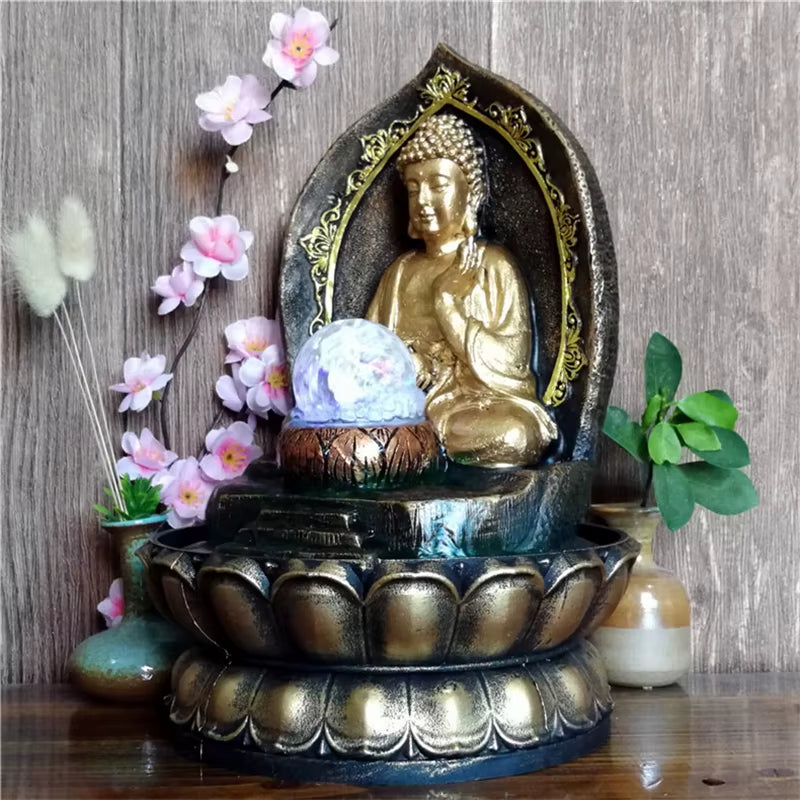 Resin Lotus Base Buddha Statue Waterscape Lucky Feng Shui Ornament Indoor Led Water Fountain Desktop Furnishings Air Humidifier