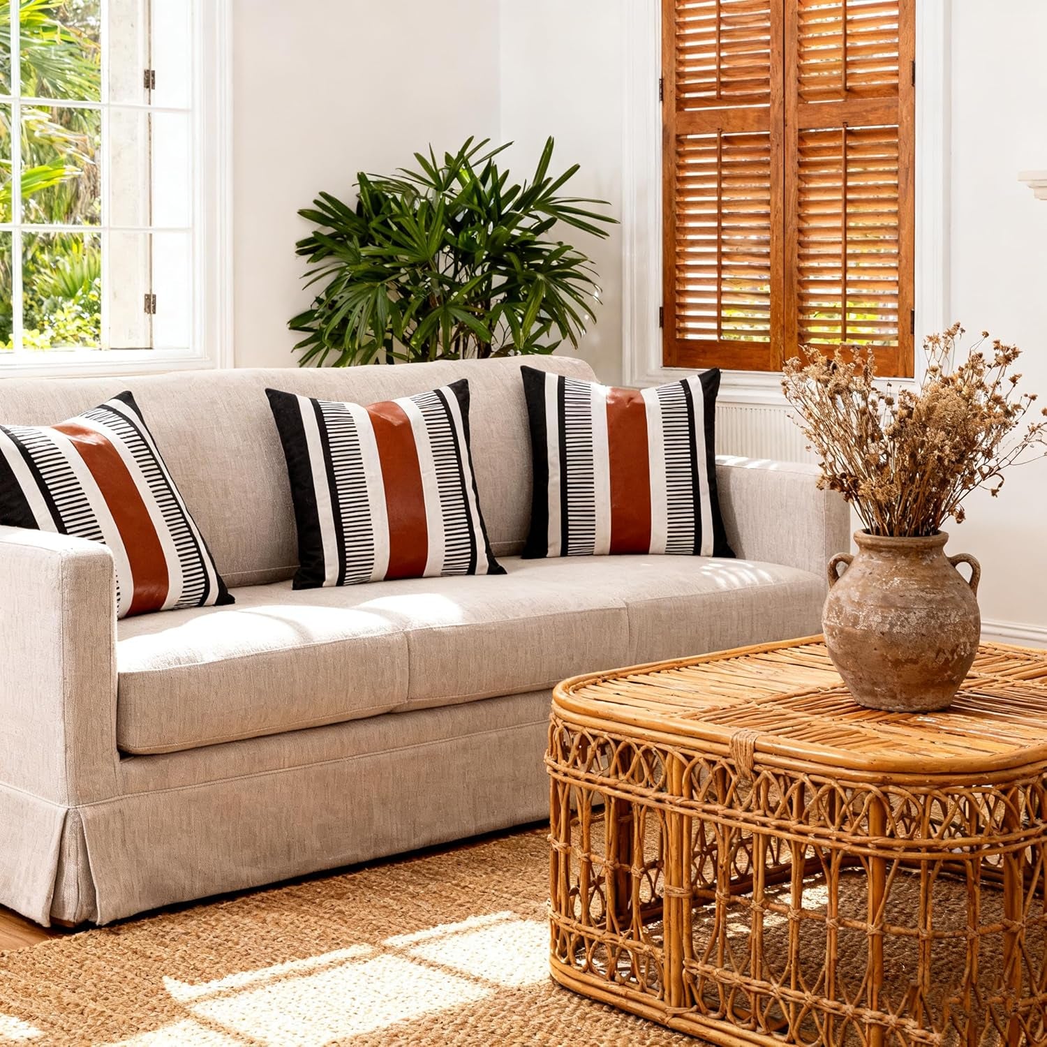 Farmhouse Throw Pillow Covers -Decorative Faux Leather Pillow Cases for Couch Sofa Livingroom Tribal Stripe Accent Cushion Cover 18X18 Inch (2, 18''X18'')