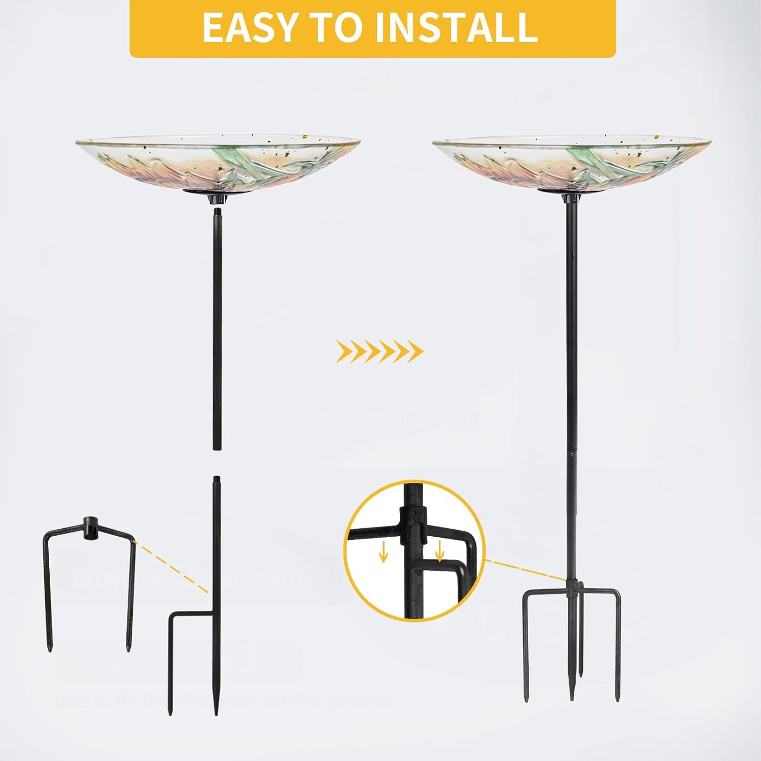 Bird Baths for Outdoors, Glass Birdbath Birdfeeder Bowl with Metal Stake for outside Garden Yard Lawn Sunflower Butterfly Decor