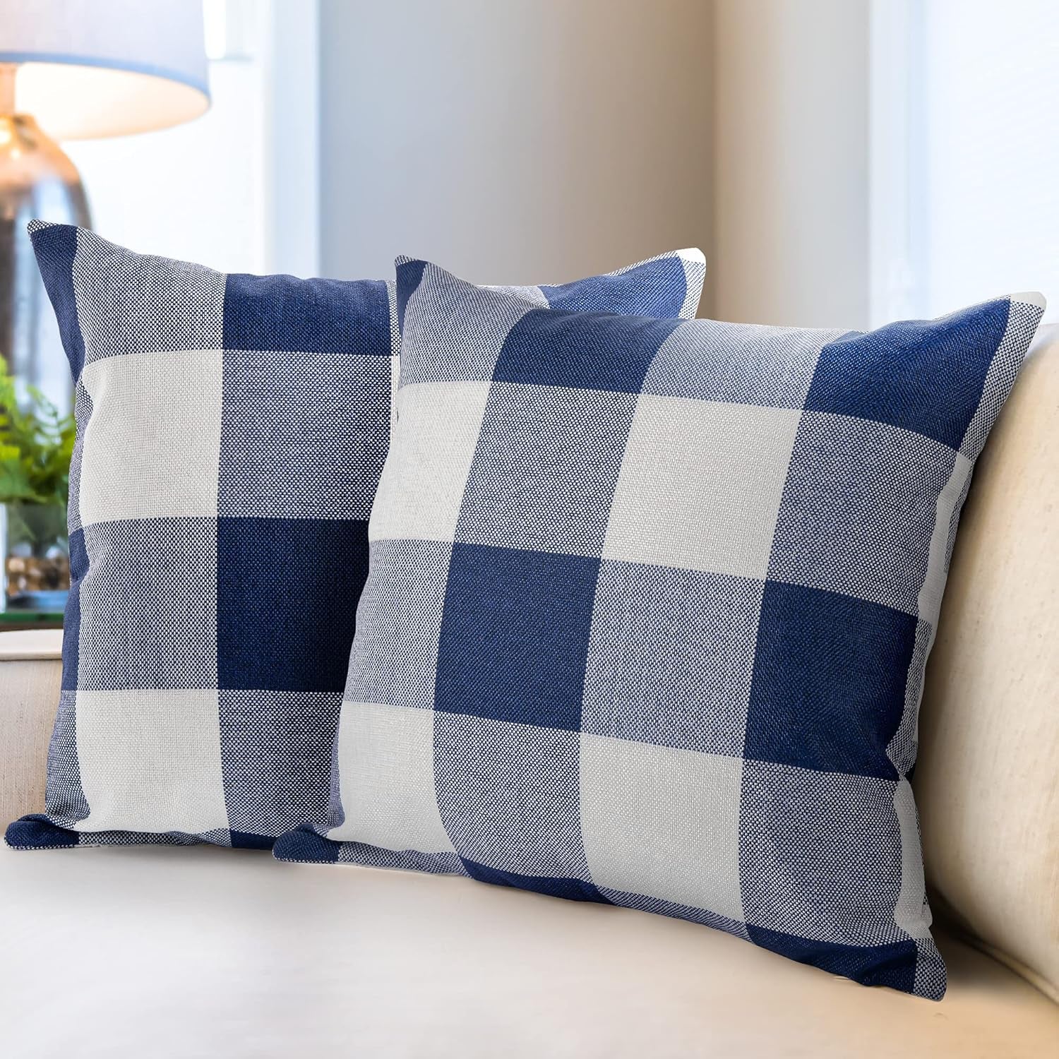 Pack of 2 Buffalo Plaid Throw Pillow Covers - Farmhouse Porch Pillows Outdoor & Indoor Covers - Polyester Buffalo Plaid Pillow Covers (16X16 Inch, Dark Blue & White)