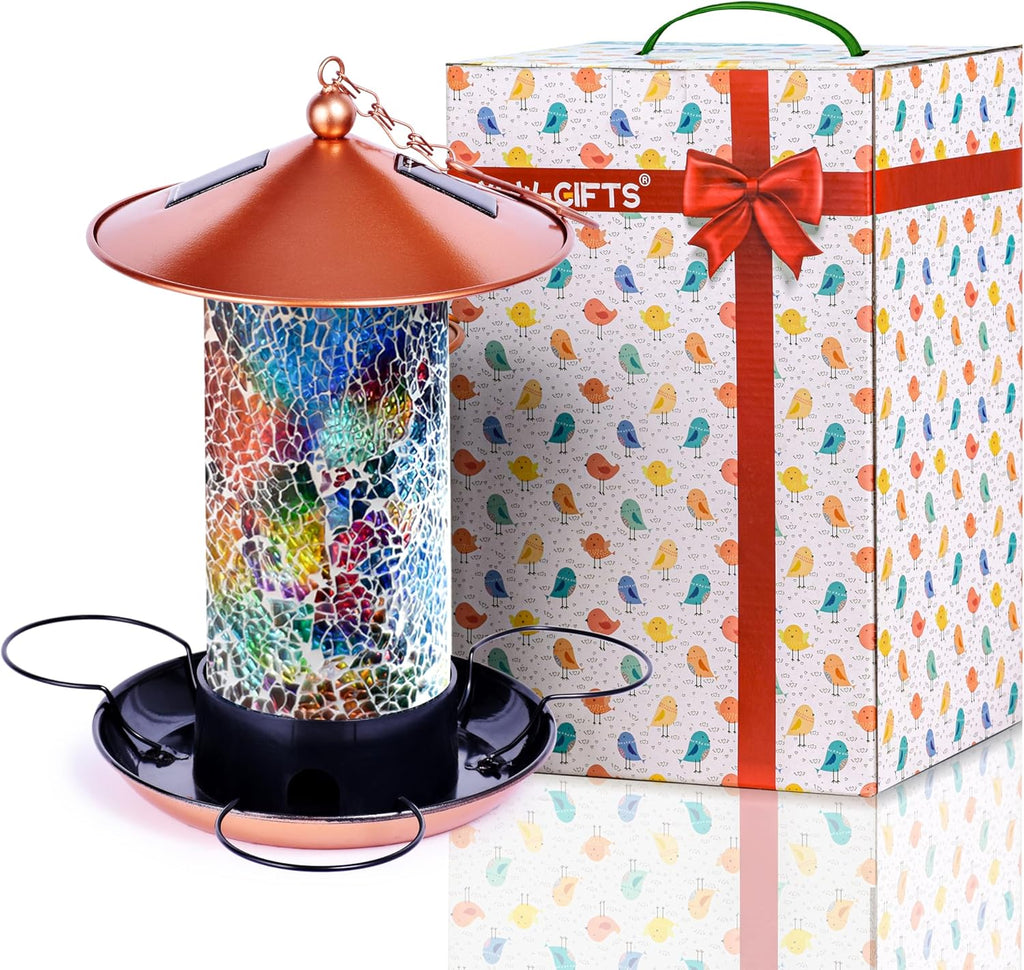 Mosaic Solar Wild Bird Feeder, Waterproof Lantern Shape with S-Hook & 4 LED Lights, Garden Decor for Lawn, Patio, Balcony, Yard Ornament - Unique Gifts for Mom, Women, Grandma, Bird Lovers