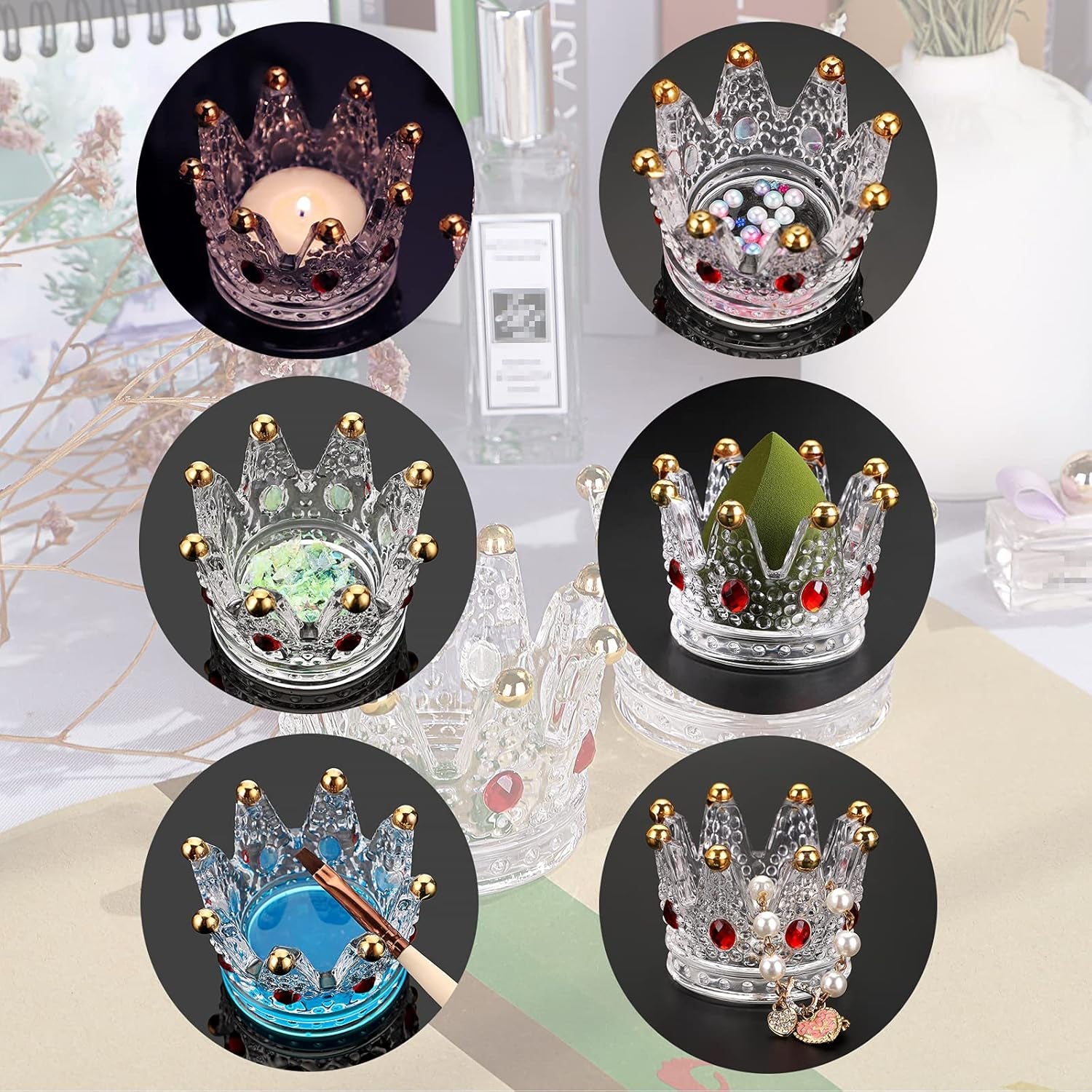 Set of 4 Glass Crown Tealight Candle Holder Crystal Votive Candle Holder Candle Stand, Crown Nail Art Dappen Dish Tea Light Holder for Dining Table Centerpiece Home Decor Wedding Party (Red)