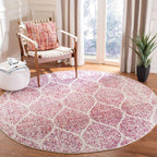 Madison Collection Area Rug - 5'3" Round, Cream & Fuchsia, Glam Ogee Trellis Distressed Design, Non-Shedding & Easy Care, Ideal for High Traffic Areas in Living Room, Bedroom (MAD604R)