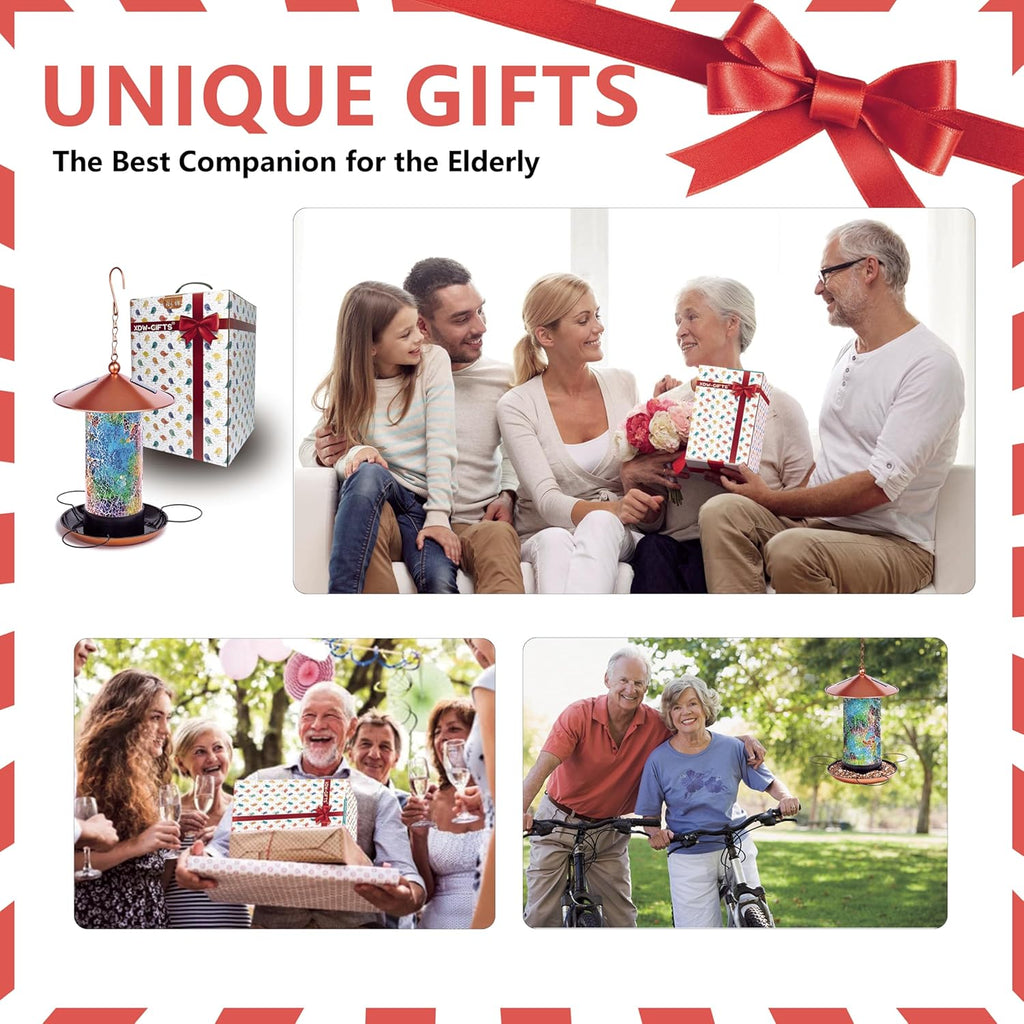 Mosaic Solar Wild Bird Feeder, Waterproof Lantern Shape with S-Hook & 4 LED Lights, Garden Decor for Lawn, Patio, Balcony, Yard Ornament - Unique Gifts for Mom, Women, Grandma, Bird Lovers