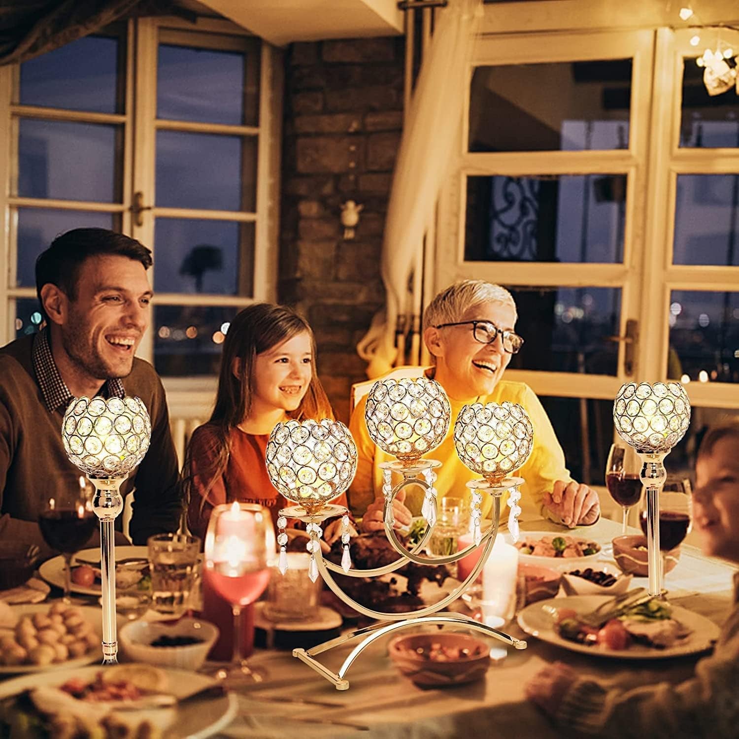 Crystal Candle Holders Gold 3 Arms Bling Tea Lights Candle Holders for Table Centerpiece Candelabra Dining Table Centerpiece Decorations for Dining Room Gold Table Decor (Gold-14 Tall)