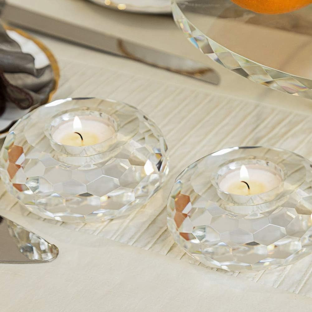 Crystal Tealight Candle Holders, Handmade Cut Crystal Candle Holder Banquet Decorations for Home 3.2" Diameter X 1.6" High Set of 2