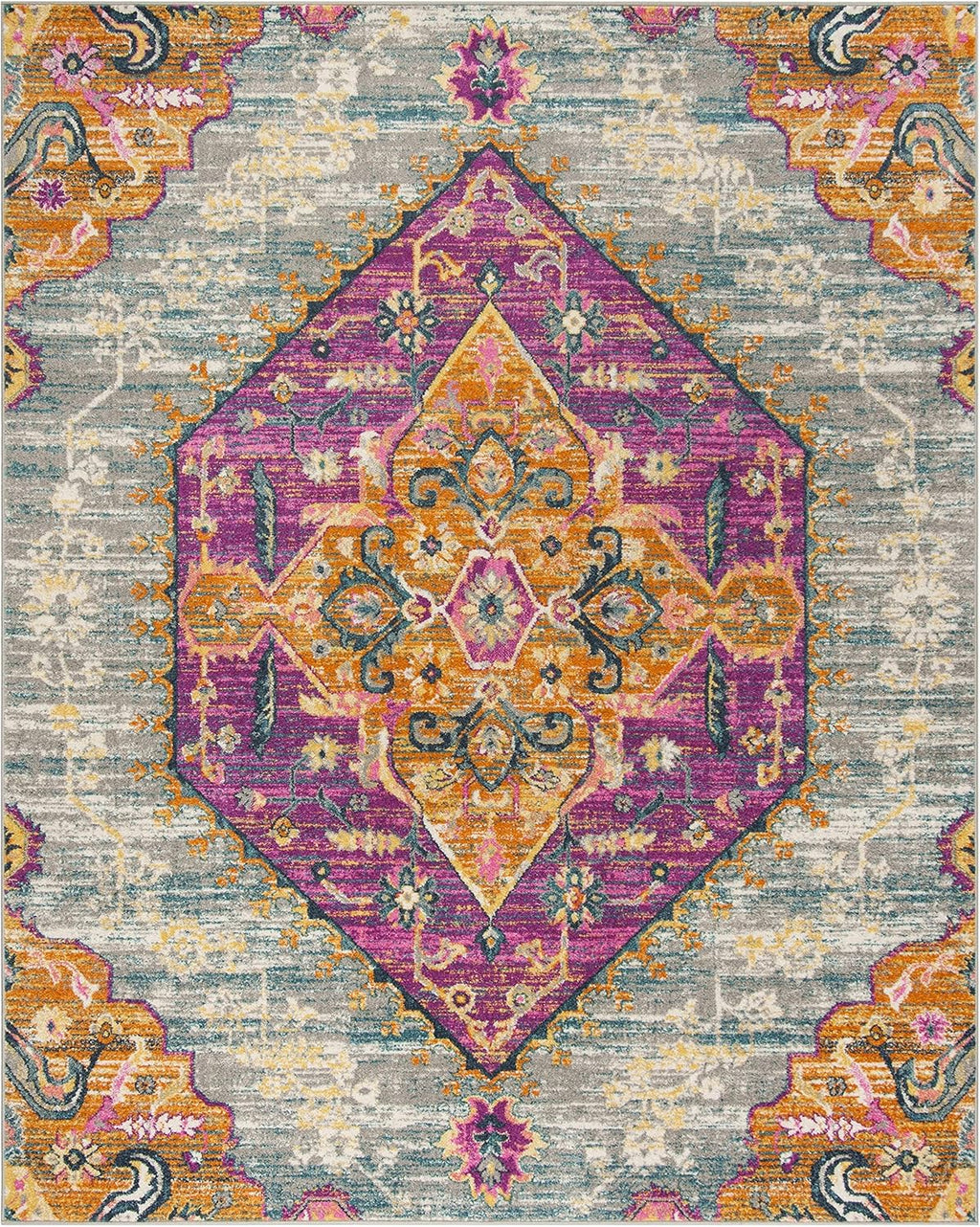 Area Rug 8X10 - Madison Collection - Large - Light Grey & Fuchsia, Boho Chic Medallion Design, Non-Shedding & Easy Cleaning, Ideal for Living Room, Bedroom, Office, Dining Space (MAD119G)