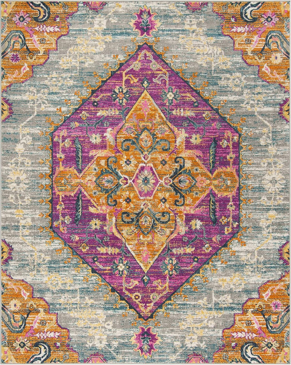 Area Rug 8X10 - Madison Collection - Large - Light Grey & Fuchsia, Boho Chic Medallion Design, Non-Shedding & Easy Cleaning, Ideal for Living Room, Bedroom, Office, Dining Space (MAD119G)