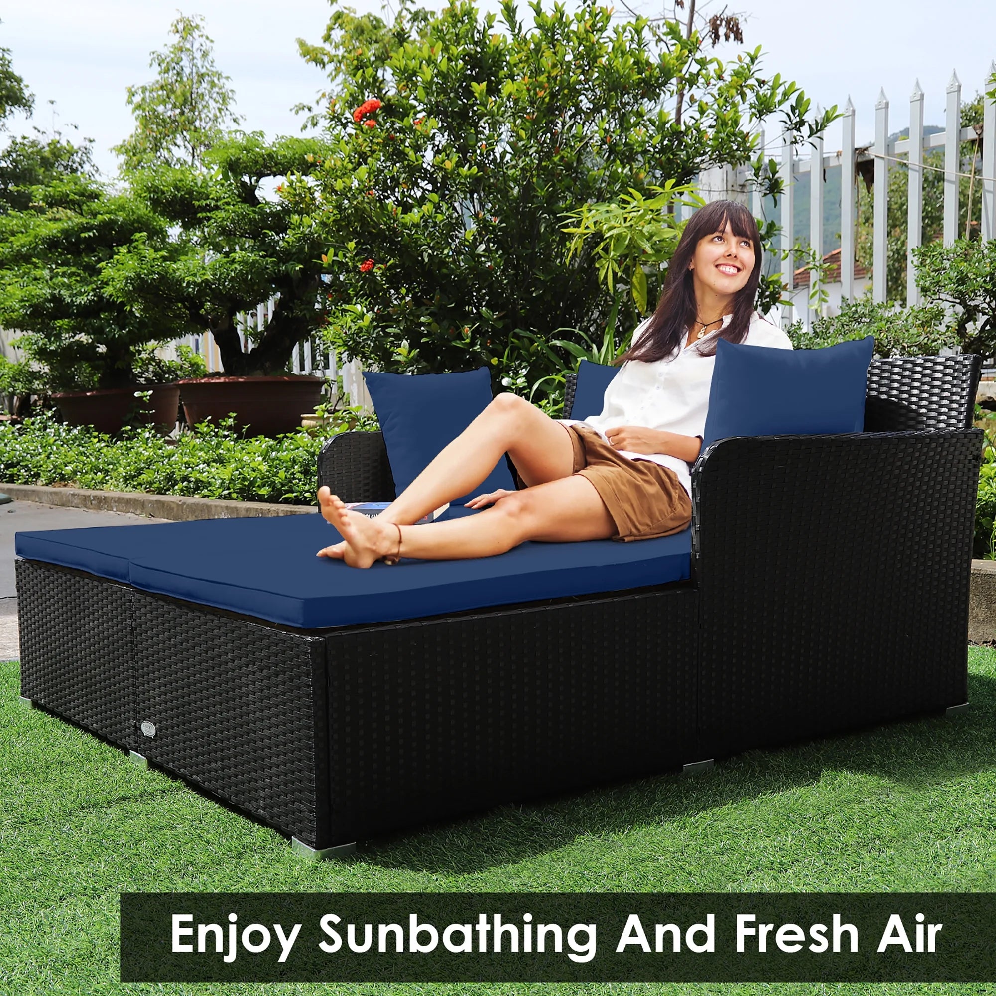 Outdoor Patio Rattan Daybed Pillows Cushioned Sofa Furniture Navy
