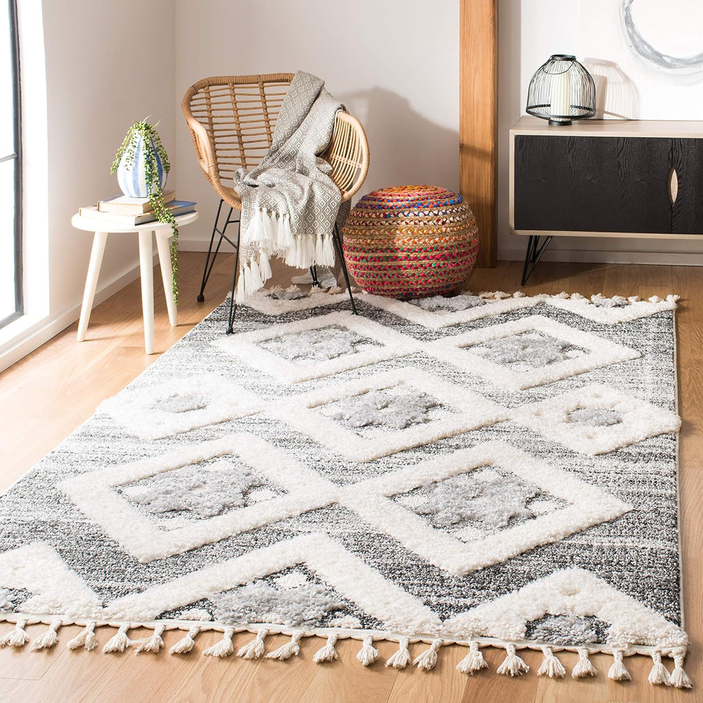 Moroccan Tassel Shag Collection Accent Rug - 4' X 6', Grey & Ivory, Boho Design, Non-Shedding & Easy Care, 2-Inch Thick Ideal for High Traffic Areas in Foyer, Living Room, Bedroom (MTS664G)