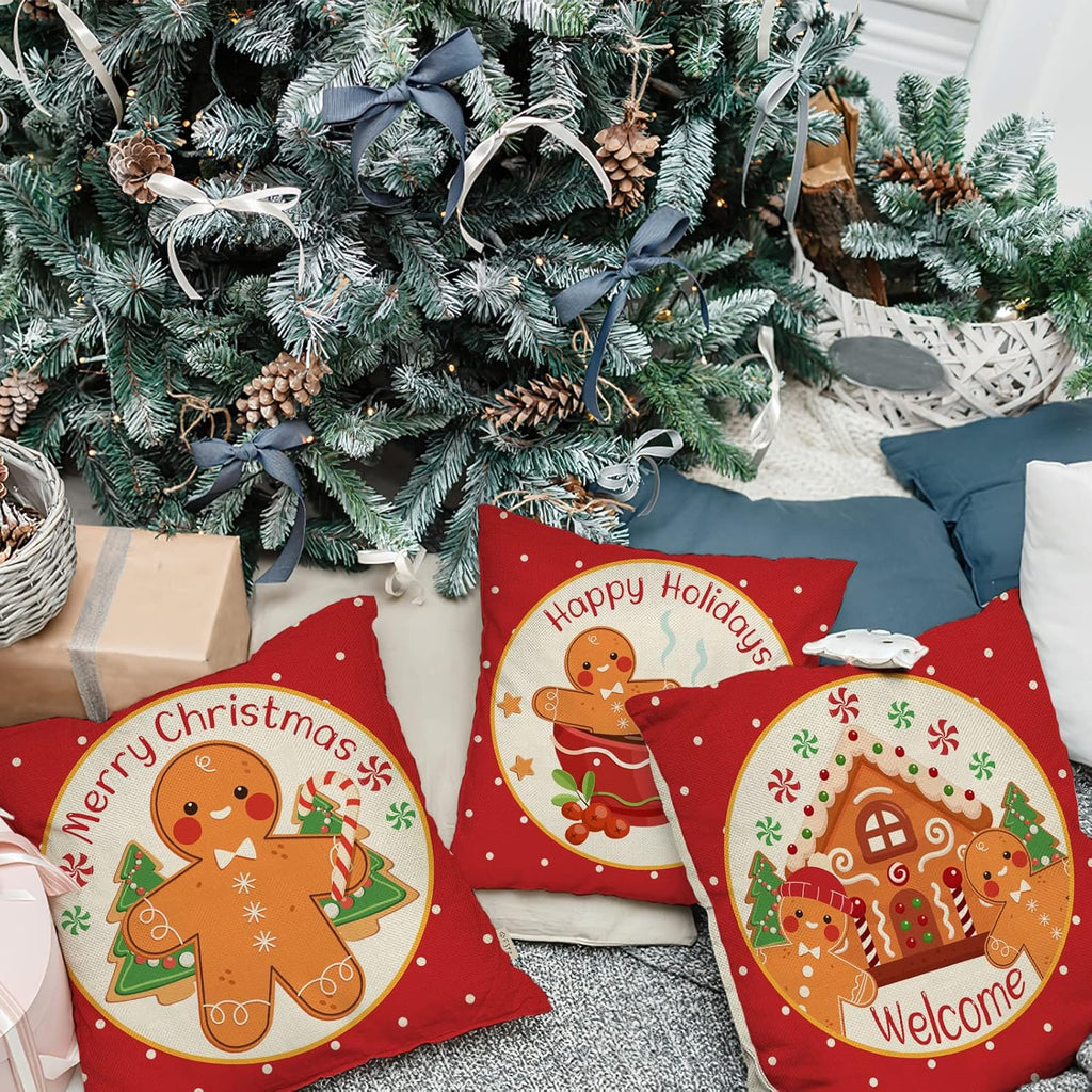 Merry Christmas Gingerbread Man House Decorative Throw Pillow Cover 18X18 Set of 4, Xmas Red Polka Dot Coffee Welcome Home Decorations, Winter Happy Cushion Case Decor for Sofa Couch