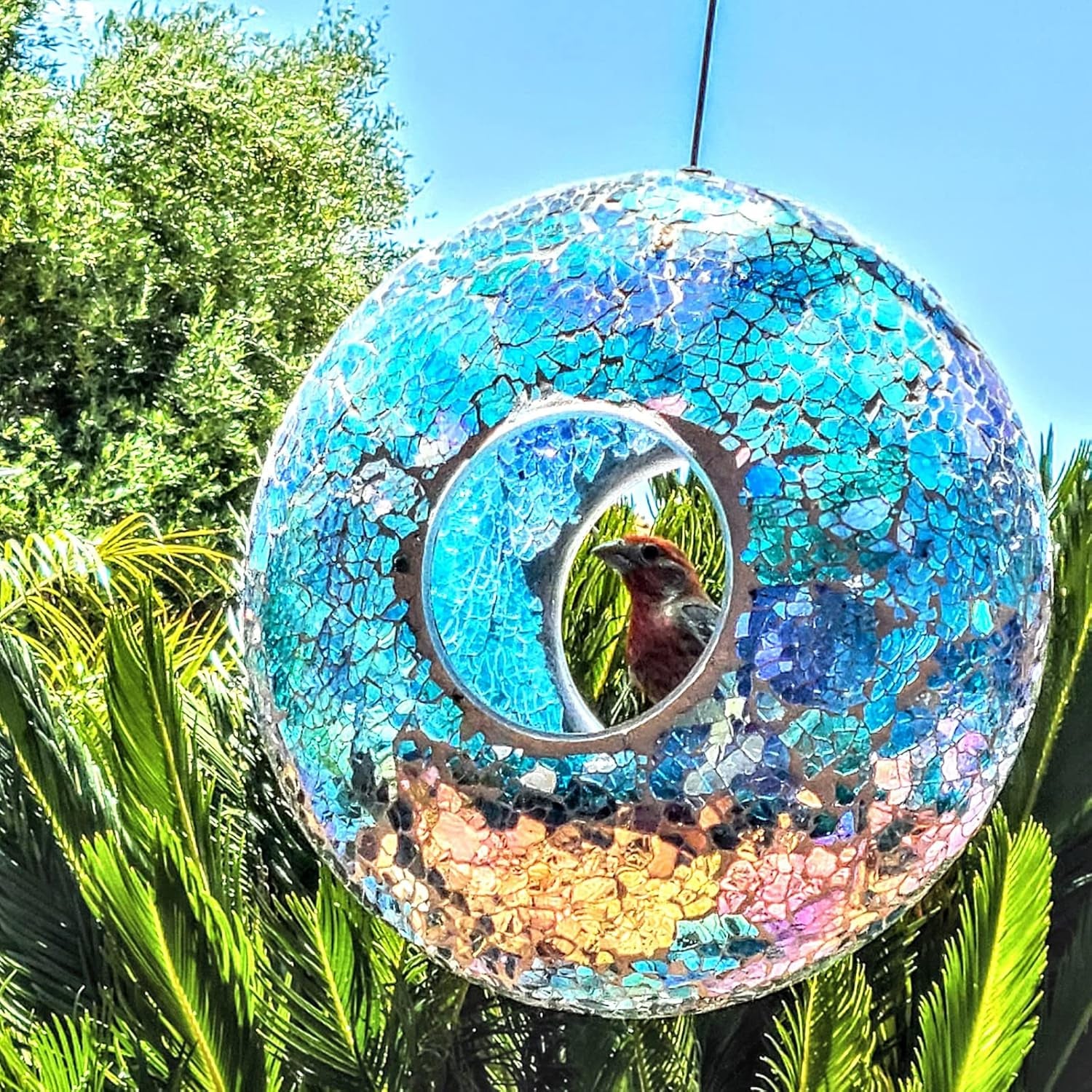 Bird Feeder, round Squirrel-Proof Wild Bird Feeder, Fly-Through Hanging Glass Design, Large Wreath-Shaped Bird Feeder, Mosaic Patterns for Outdoor Gardens and Yards Decoration, Blue Circle