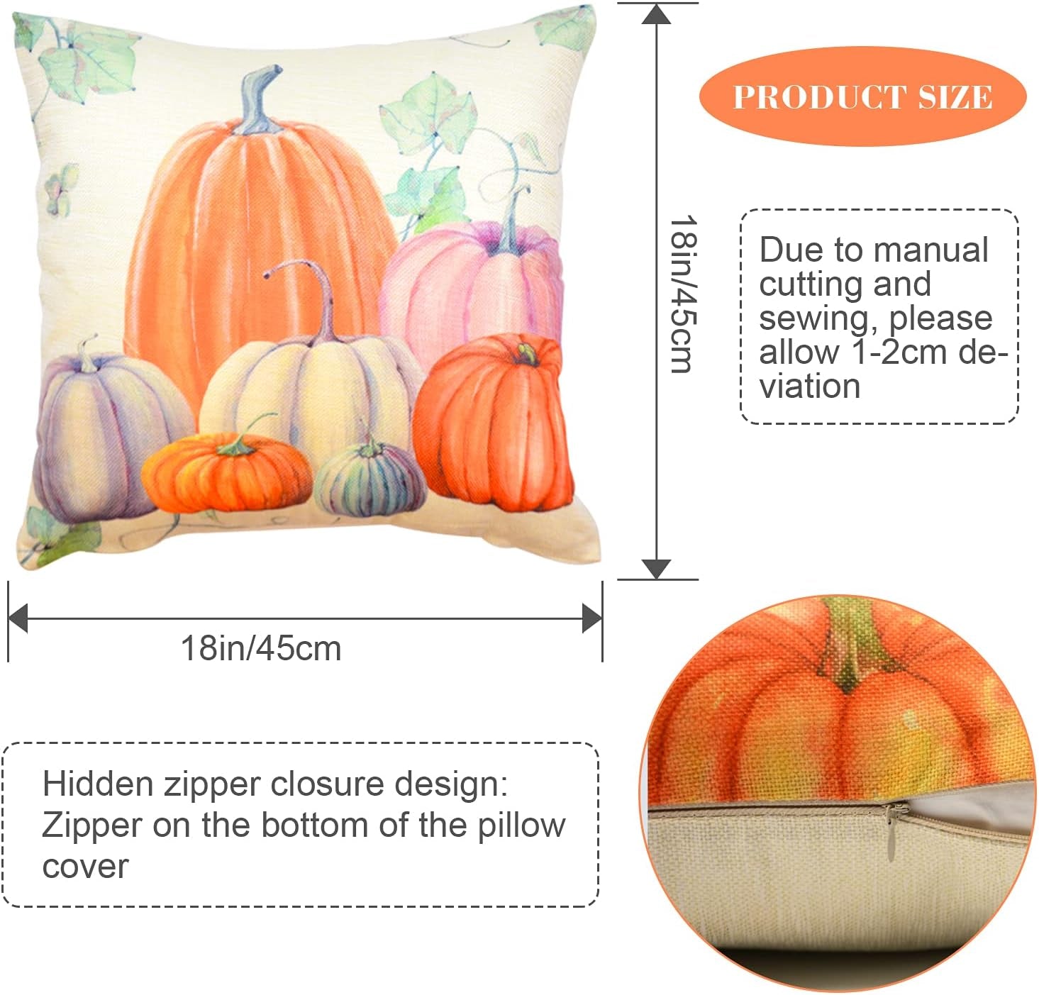 Thanksgiving Throw Pillow Covers - Pumpkin Pillow Covers, Fall Accent Pillows for Thanksgiving Decorations(18 X 18, 4 Designs, 4 Pack)