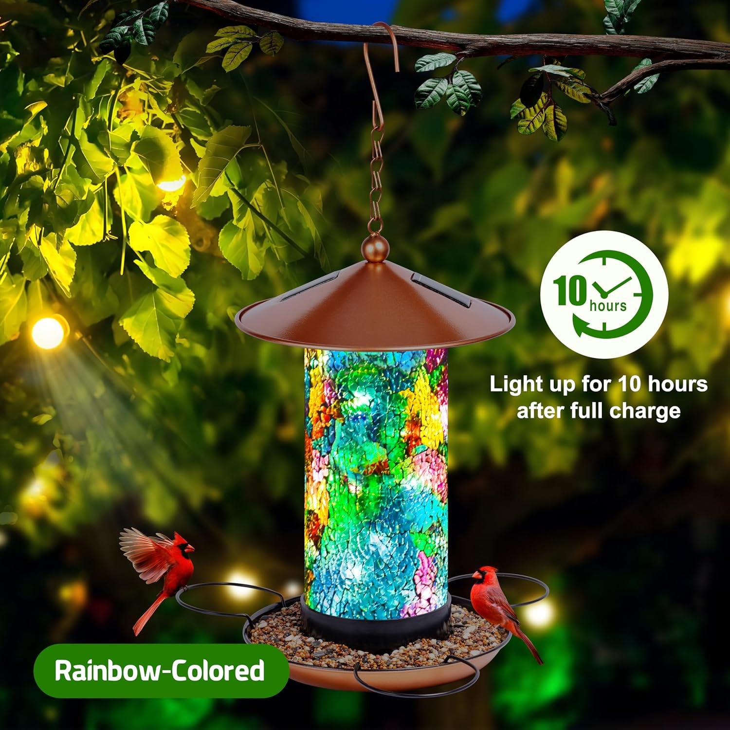 Mosaic Solar Wild Bird Feeder, Waterproof Lantern Shape with S-Hook & 4 LED Lights, Garden Decor for Lawn, Patio, Balcony, Yard Ornament - Unique Gifts for Mom, Women, Grandma, Bird Lovers