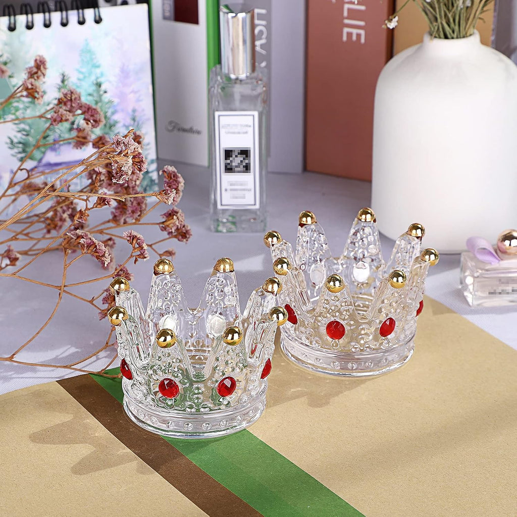 Set of 4 Glass Crown Tealight Candle Holder Crystal Votive Candle Holder Candle Stand, Crown Nail Art Dappen Dish Tea Light Holder for Dining Table Centerpiece Home Decor Wedding Party (Red)