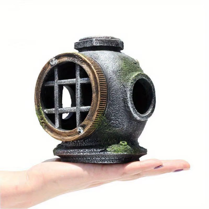 1Pc Resin Diving Helmet Wreck Aquarium Fish Tank Landscaping Creative Decoration Ornament through Rest Shelter for Tank