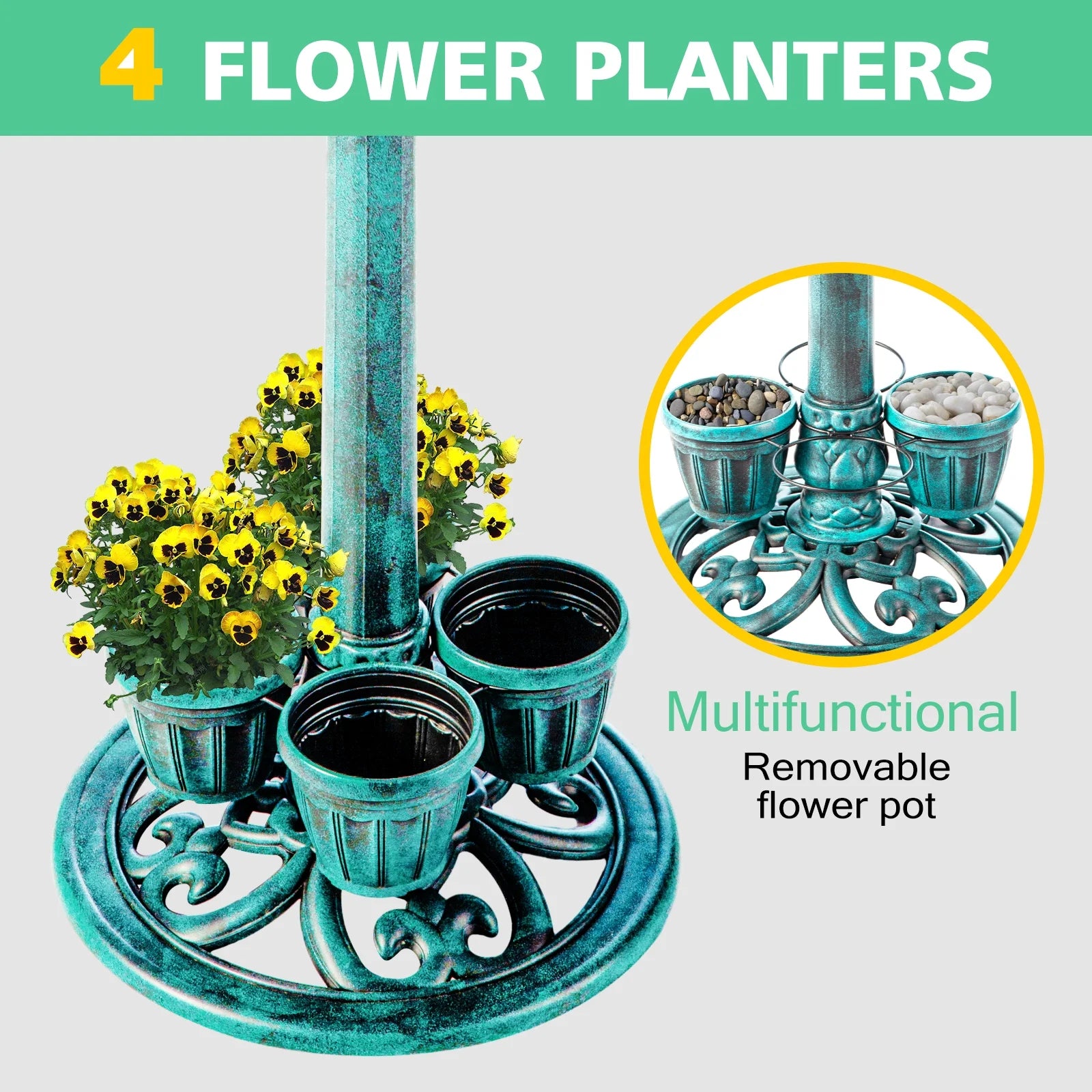 Bird Bath with 4 Planters 28" Height Pedestal Antique Outdoor Garden Decor Vintage Yard Art (Green)