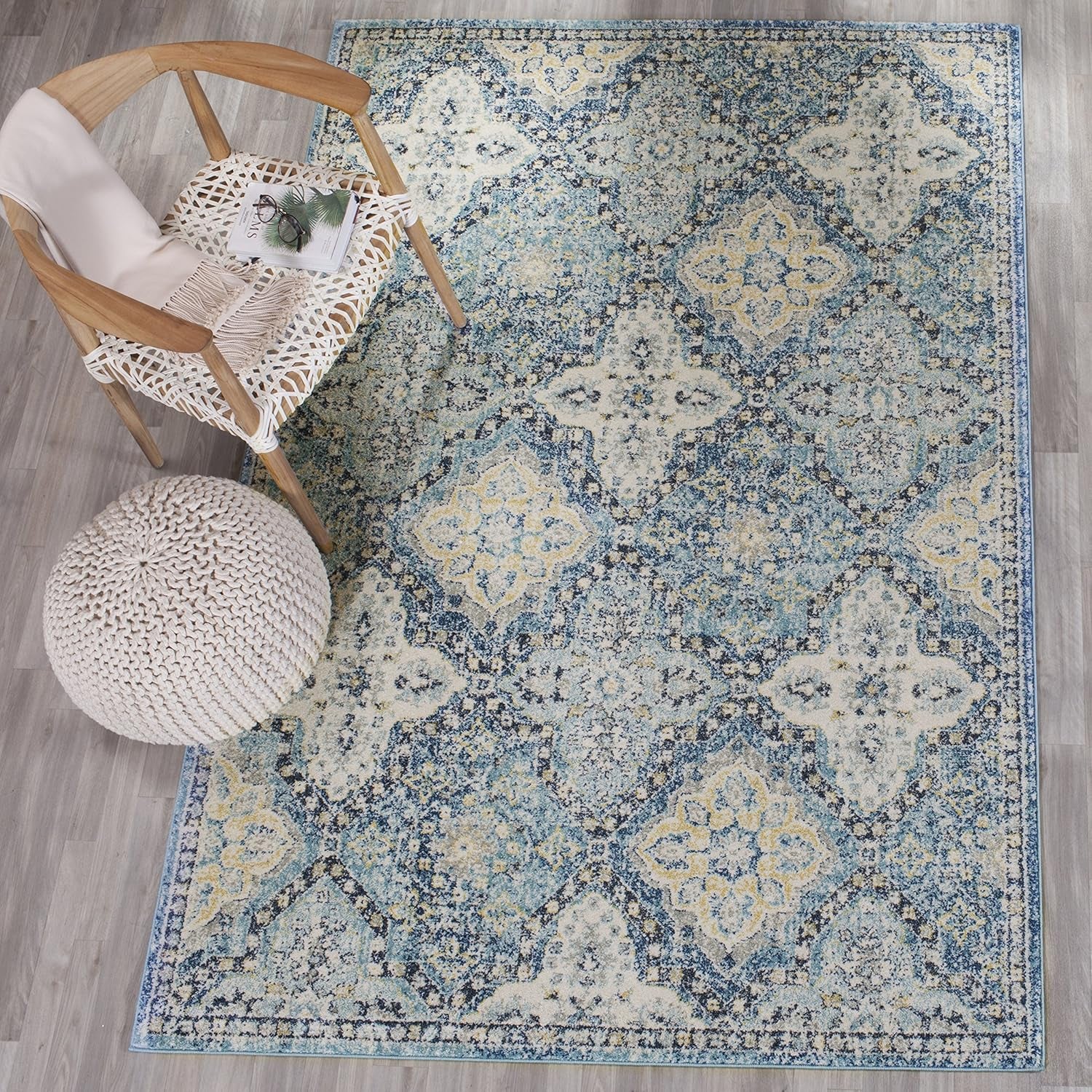 Area Rug 8X10 - Evoke Collection - Large - Light Blue & Ivory, Boho Trellis Pattern, Non-Shedding & Easy Cleaning, Ideal for Living Room, Bedroom, Office, Dining Space (EVK274C)