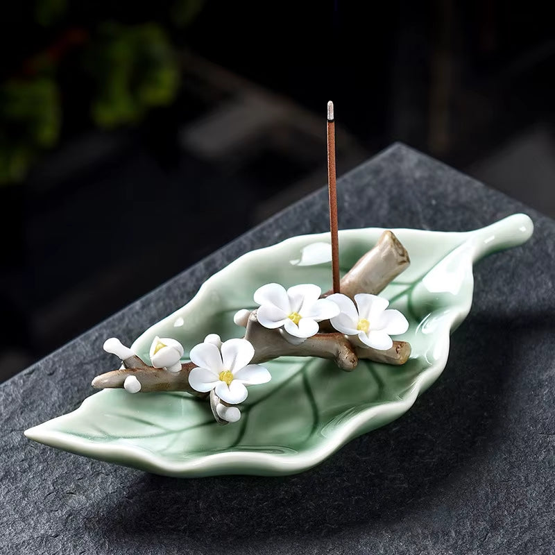 Handmade Creative Home Furnishings Ceramic Leaves Peach Blossoms Branches Incense Burner Incense Sticker Holder Incense Censer