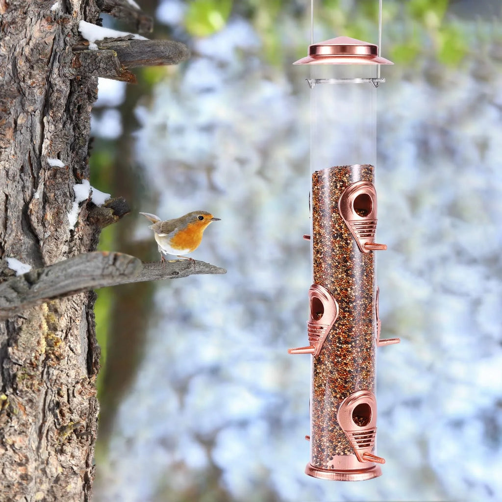 Wild Bird Feeders for Outdoors Hanging, Metal Tube Feeder, 6 Feeding Ports, Rosegold - 1 Pack
