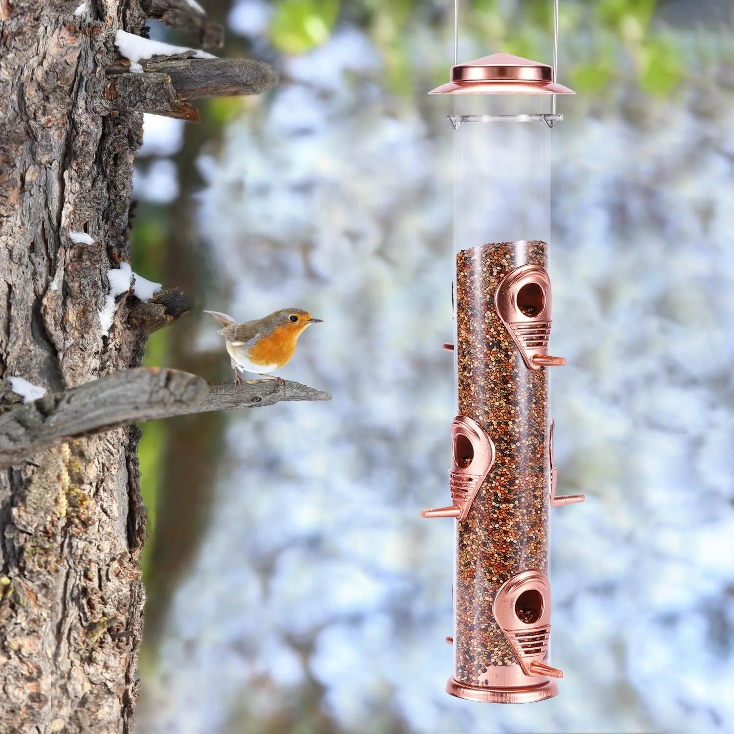 Wild Bird Feeders for Outdoors Hanging, Metal Tube Feeder, 6 Feeding Ports, Rosegold - 1 Pack