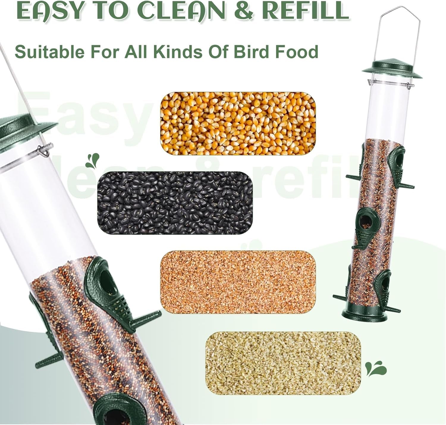 1PK Metal Bird Feeders with 6 Feeding Ports,Tube Bird Feeder with Steel Hanger,Hard Plastic Wild Bird Feeder for Outdoors Hanging, Attracting Birds in Your Lawn, Garden, Balcony–Green