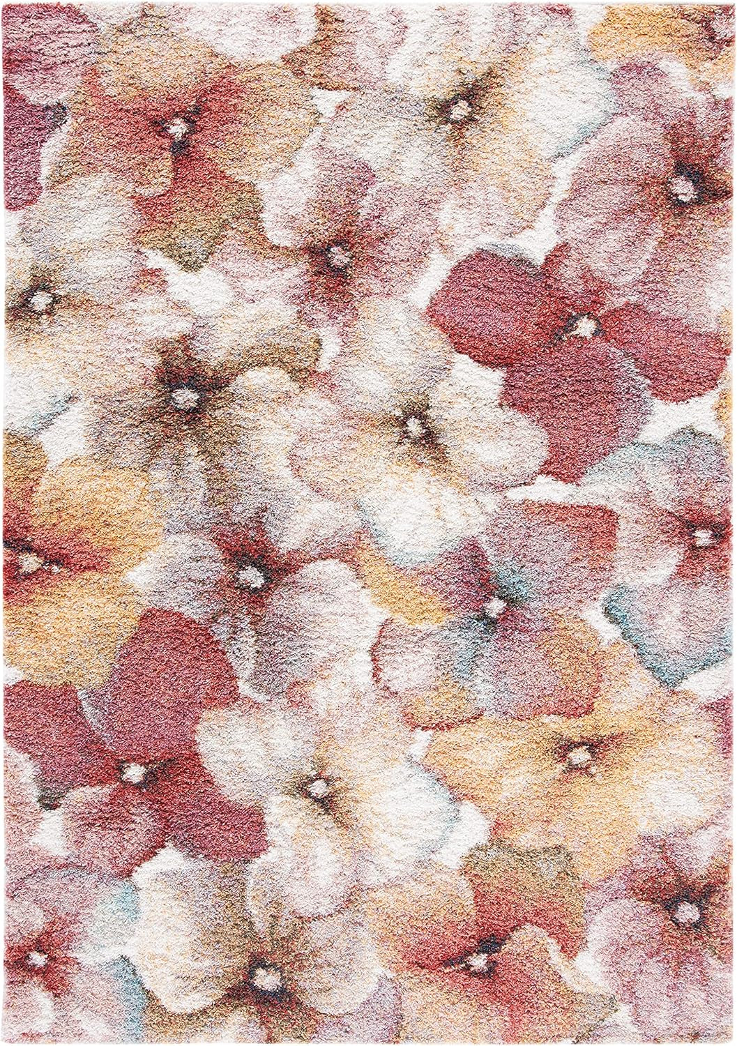 Calista Shag Collection Area Rug - 5'5" X 7'7", Ivory & Rust, Floral Design, Non-Shedding & Easy Care, 1-Inch Thick Ideal for High Traffic Areas in Living Room, Bedroom (CAL152A)