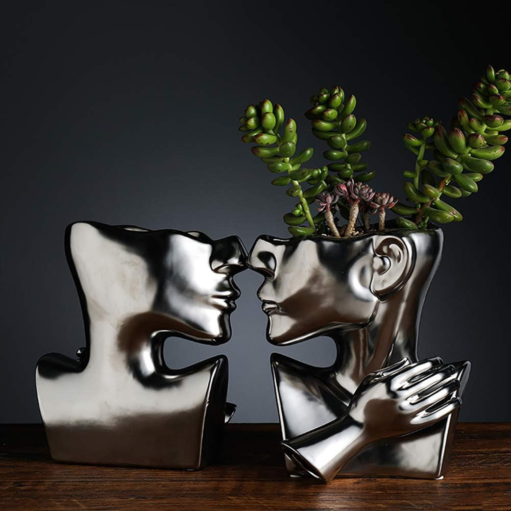 Silver Ceramic Vase Decoration Human Face Abstract Sculpture Modern Vase Ideal Gift for Friends, Family, Wedding or Home Decoration