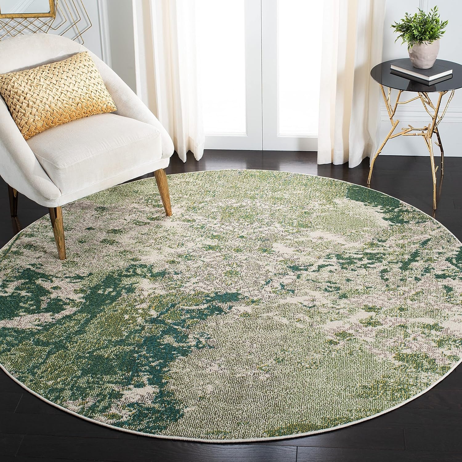 Madison Collection Area Rug - 5' Round, Green & Ivory, Modern Abstract Design, Non-Shedding & Easy Care, Ideal for High Traffic Areas in Living Room, Bedroom (MAD499Y)