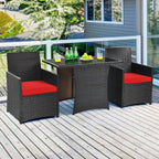3-Pieces Patio Rattan Patio Conversation Set with Red Cushions