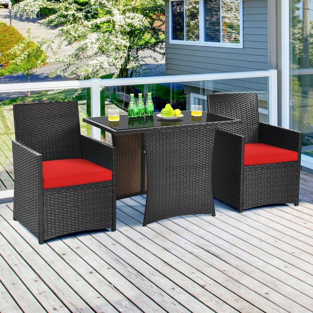 3-Pieces Patio Rattan Patio Conversation Set with Red Cushions