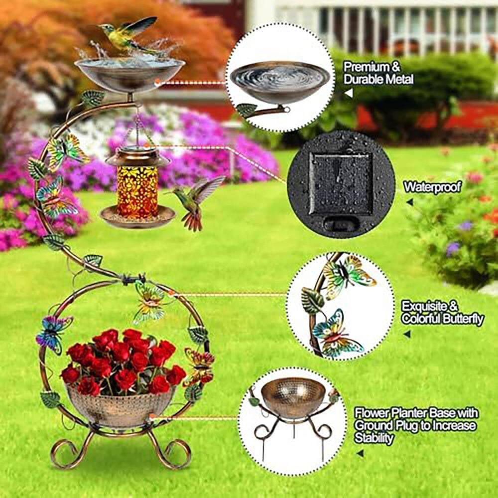 3-In-1 38 In. Vintage Metal Waterproof Bird Bath Black with Solar Bird Feeder and Planter Pedestal