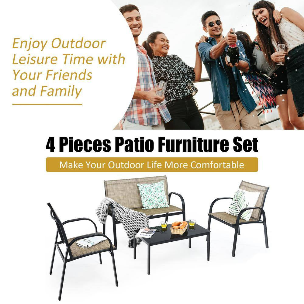 Patio Brown 4-Piece Plastic Wicker Patio Conversation Set