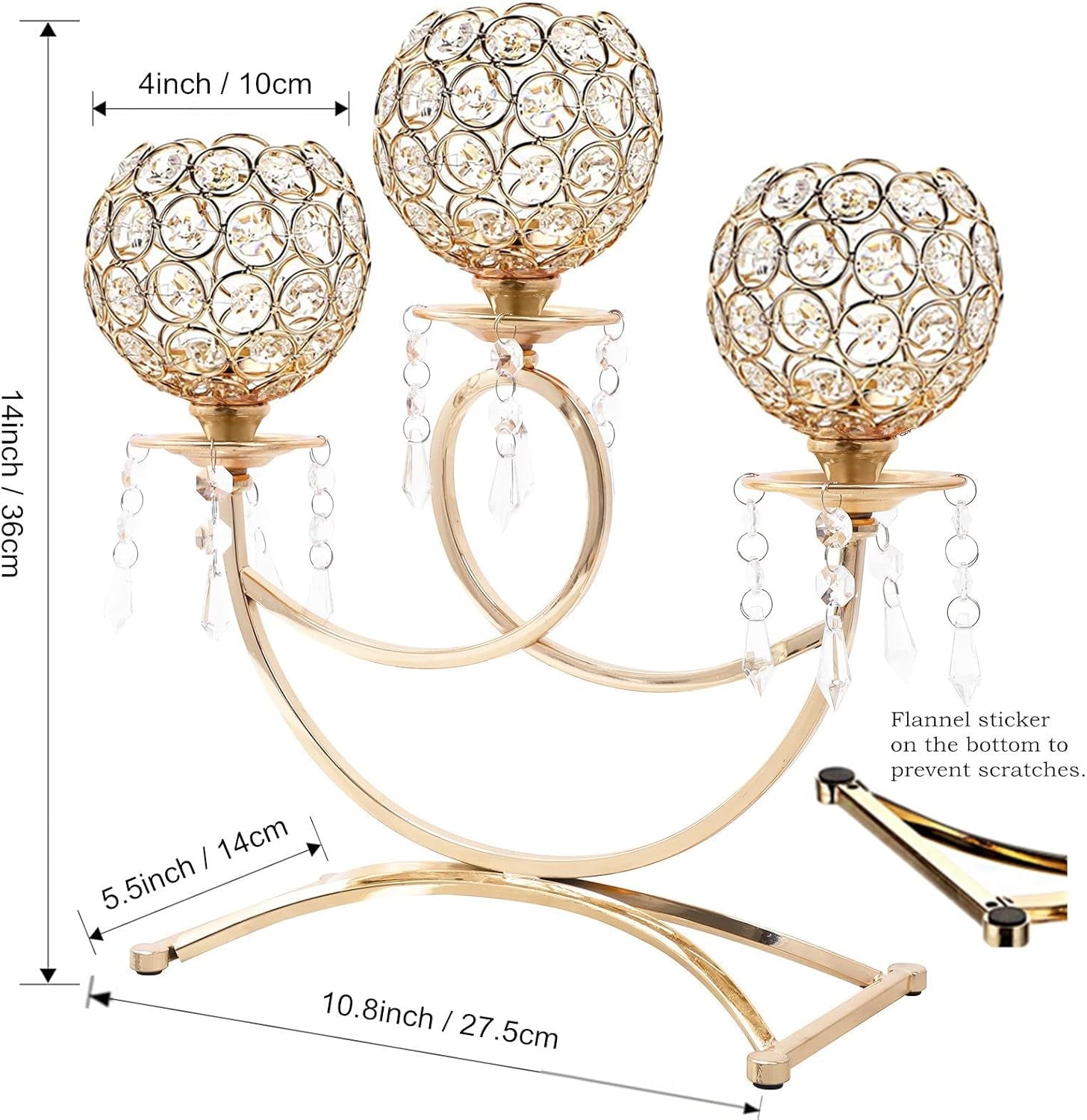 Crystal Candle Holders Gold 3 Arms Bling Tea Lights Candle Holders for Table Centerpiece Candelabra Dining Table Centerpiece Decorations for Dining Room Gold Table Decor (Gold-14 Tall)