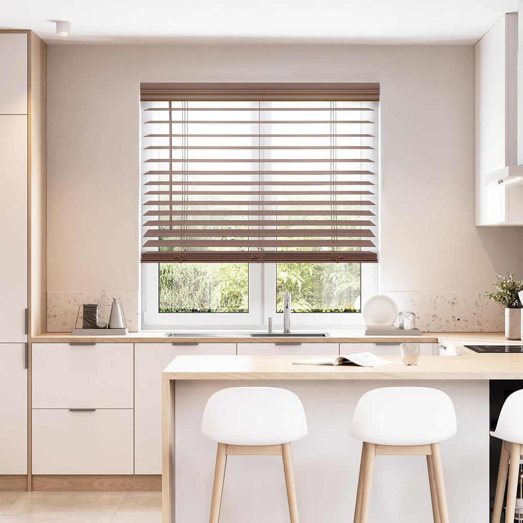 Cordless 2" Faux Wood Blind, 27" W X 48" H, Dark Oak