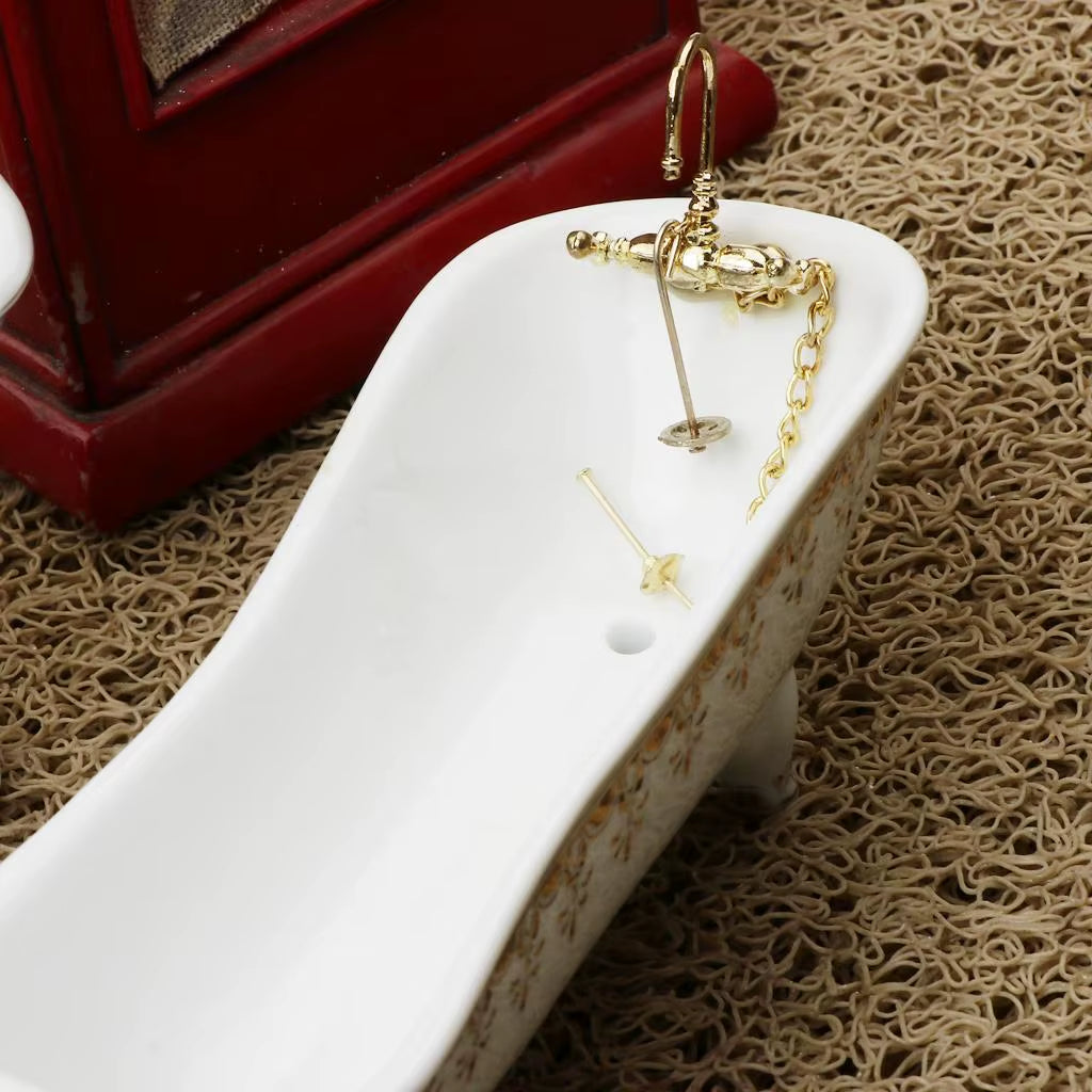 1/12 Dollhouse Miniature Bathroom Toys Set 4 PCS Furniture Set Toilet (Bathtub Toilet Sink Mirror) Dollhouse Furnishings Decore