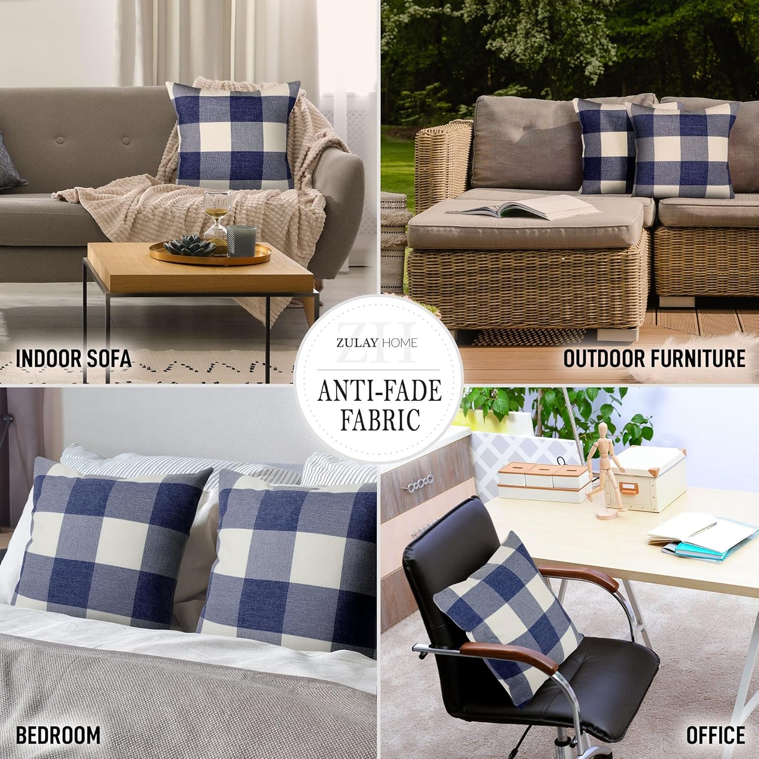 Pack of 2 Buffalo Plaid Throw Pillow Covers - Farmhouse Porch Pillows Outdoor & Indoor Covers - Polyester Buffalo Plaid Pillow Covers (16X16 Inch, Dark Blue & White)