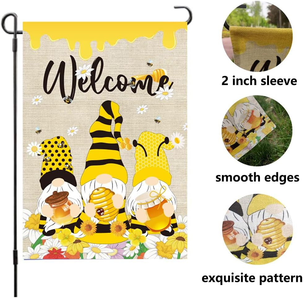 Summer Garden Flags, Gnomes Double Sided Garden Flag Seasonal Welcome Yard Flag Burlap Garden Flag for outside Labor Day Garden Flag for Bee Garden Decor