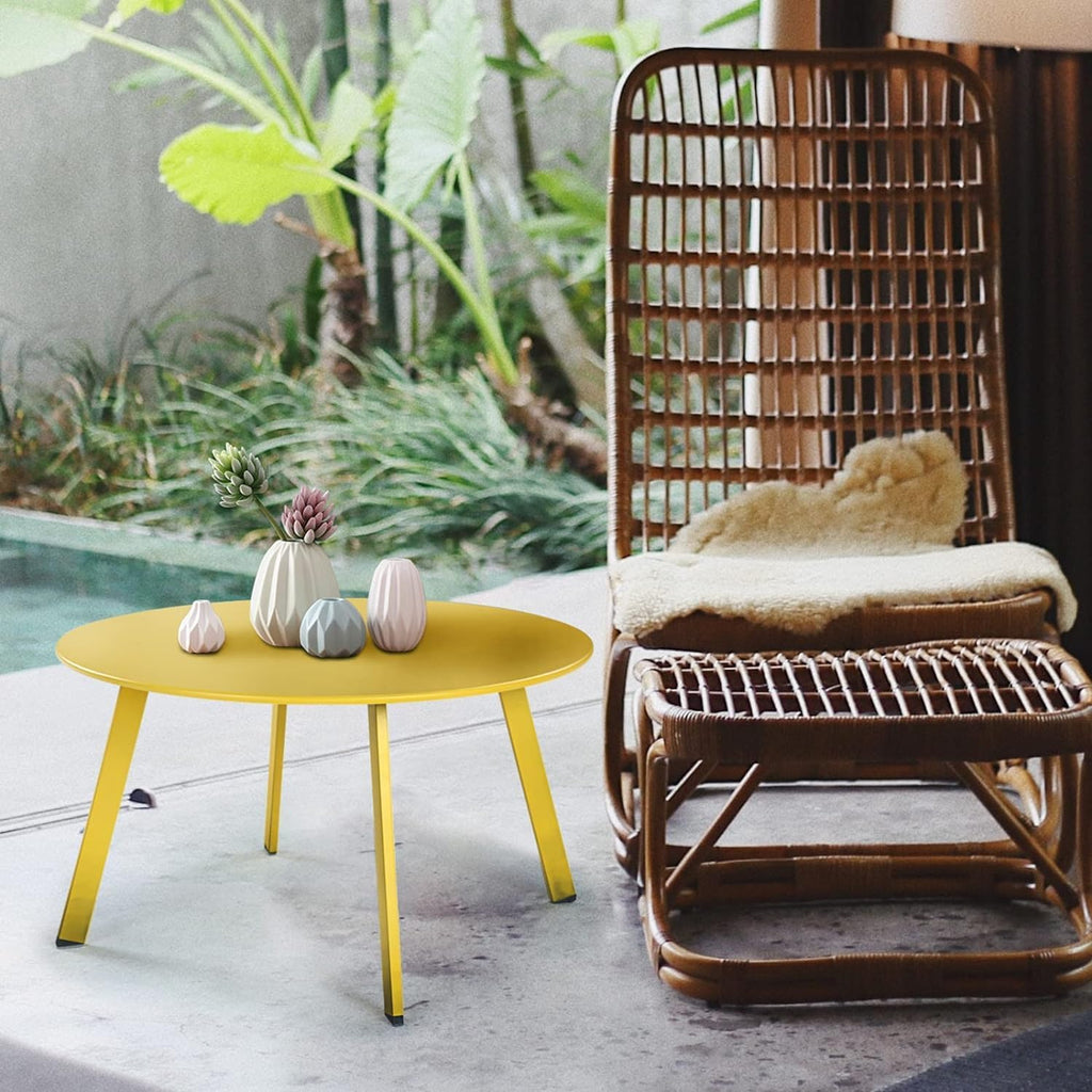 round Steel Patio Coffee Table, Weather Resistant Outdoor Large Side Table, Yellow…